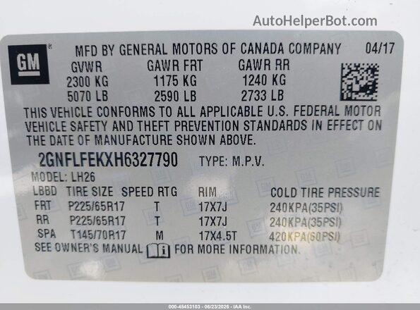 2GNFLFEKXH6327790 2017 CHEVROLET EQUINOX Белый Вид подкапотного пространства