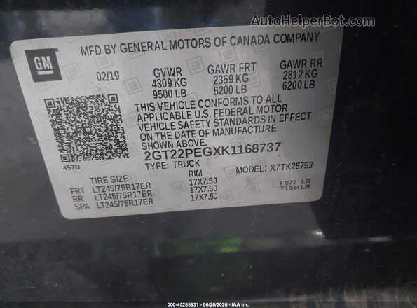 2GT22PEGXK1168737 2019 GMC SIERRA Black Շարժիչի բաժամունքի տեսք