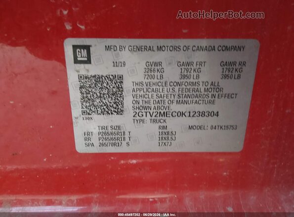 2GTV2MEC0K1238304 2019 GMC SIERRA Red Engine compartment view