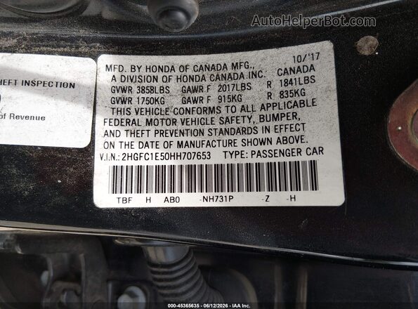 2HGFC1E50HH707653 2017 HONDA CIVIC Black ძრავის განყოფილების ხედი