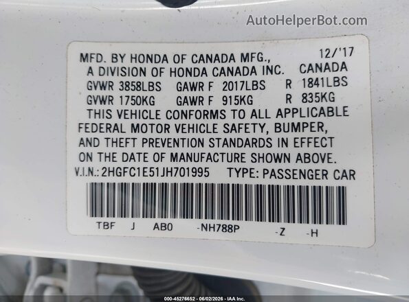 2HGFC1E51JH701995 2018 HONDA CIVIC White Engine compartment view