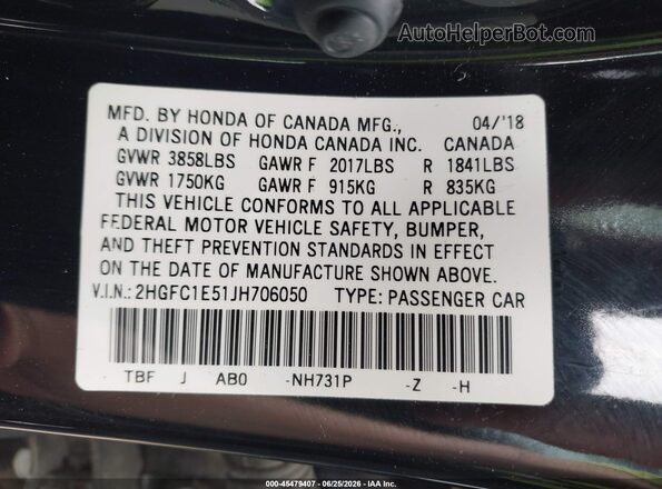 2HGFC1E51JH706050 2018 HONDA CIVIC Черный Вид подкапотного пространства