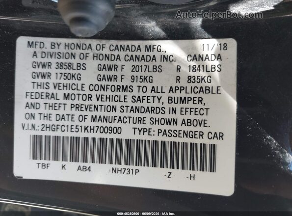 2HGFC1E51KH700900 2019 HONDA CIVIC Black Вид підкапотного простору