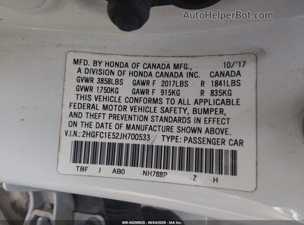 2HGFC1E52JH700533 2018 HONDA CIVIC White Engine compartment view