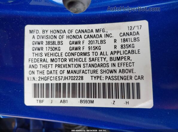 2HGFC1E57JH702228 2018 HONDA CIVIC Синий Вид подкапотного пространства