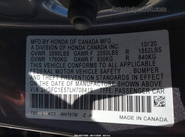 2HGFC1E57LH708419 2020 HONDA CIVIC Gray Widok komory silnika