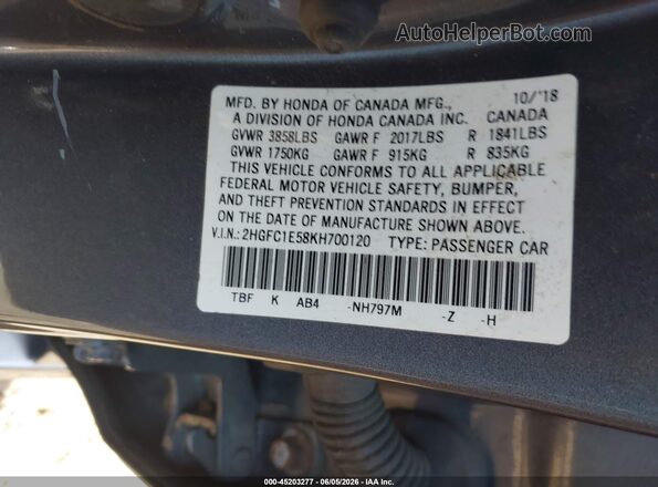 2HGFC1E58KH700120 2019 HONDA CIVIC Gray ძრავის განყოფილების ხედი