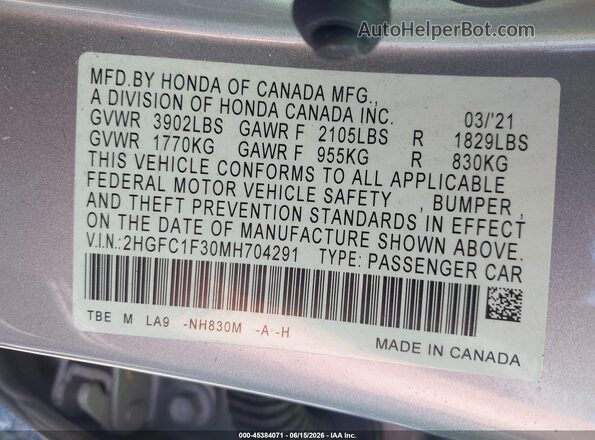 2HGFC1F30MH704291 2021 HONDA CIVIC Silver Widok komory silnika
