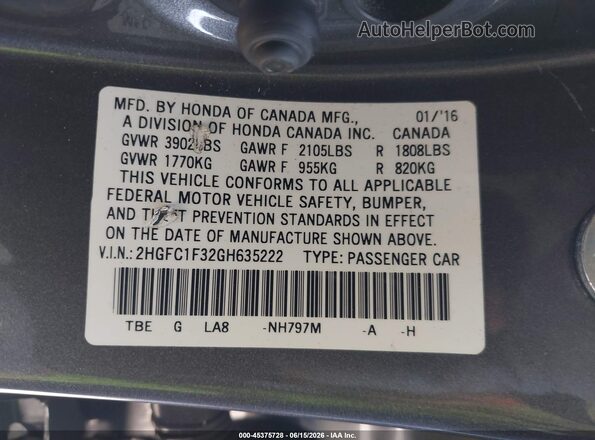 2HGFC1F32GH635222 2016 HONDA CIVIC Gray Engine compartment view