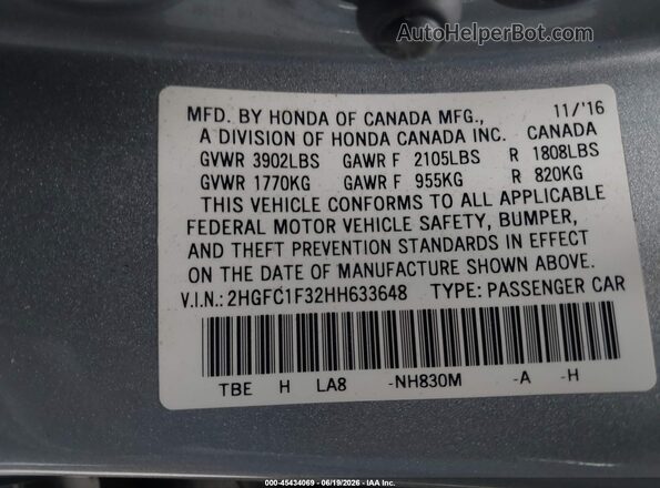 2HGFC1F32HH633648 2017 HONDA CIVIC Серебряный Вид подкапотного пространства