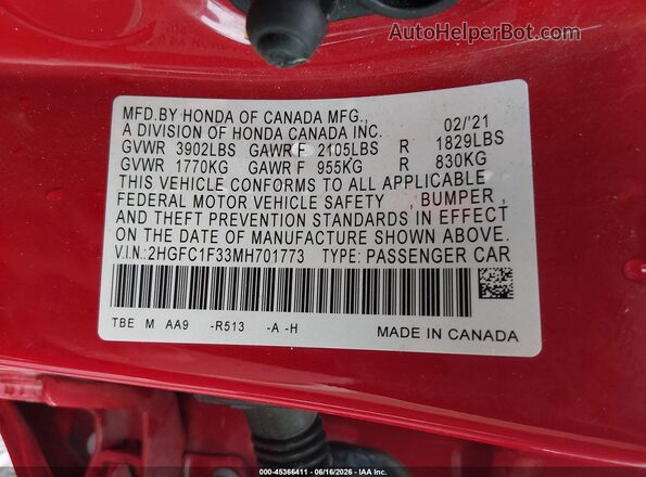 2HGFC1F33MH701773 2021 HONDA CIVIC Red Widok komory silnika