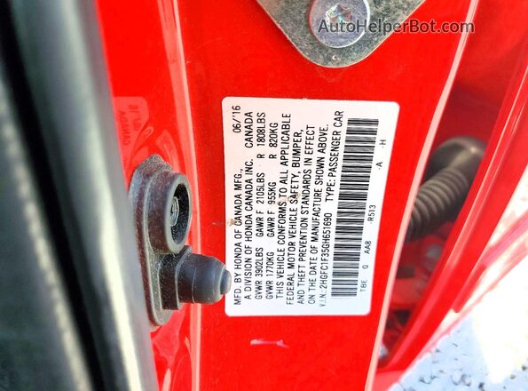 2HGFC1F35GH651690 2016 HONDA CIVIC Red Widok naklejki z numerem VIN