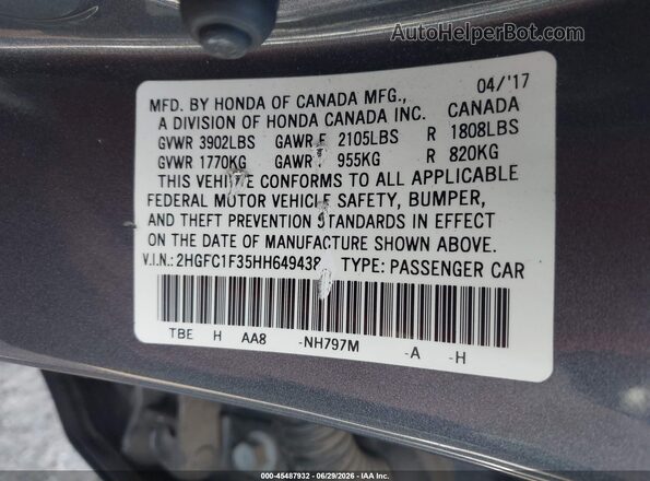 2HGFC1F35HH649438 2017 HONDA CIVIC Gray Engine compartment view