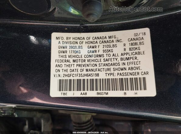 2HGFC1F35JH645198 2018 HONDA CIVIC Black ძრავის განყოფილების ხედი