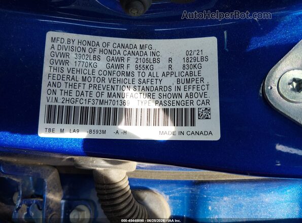 2HGFC1F37MH701369 2021 HONDA CIVIC Dark Blue Вид подкапотного пространства