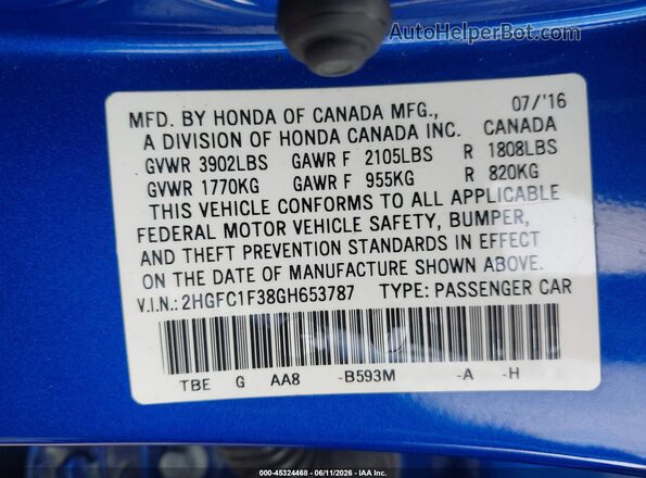 2HGFC1F38GH653787 2016 HONDA CIVIC Blue Շարժիչի բաժամունքի տեսք