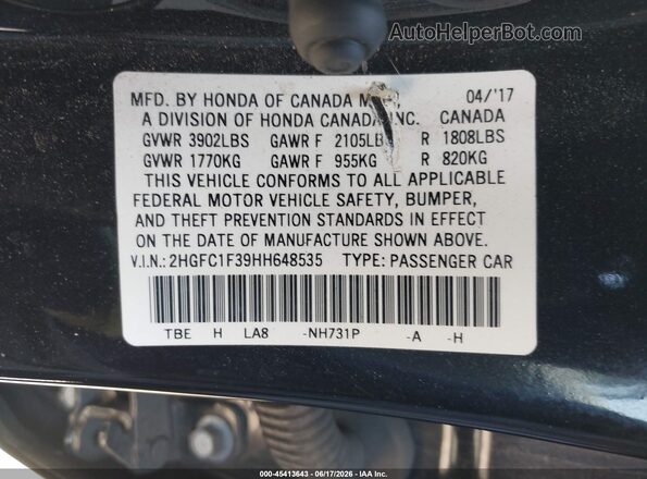 2HGFC1F39HH648535 2017 HONDA CIVIC Black 