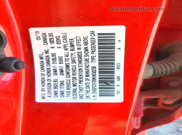 2HGFC1F39KH650258 2019 HONDA CIVIC Красный 