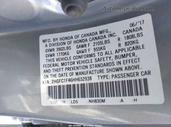 2HGFC1F46HH652938 2017 HONDA CIVIC Серебряный Вид подкапотного пространства