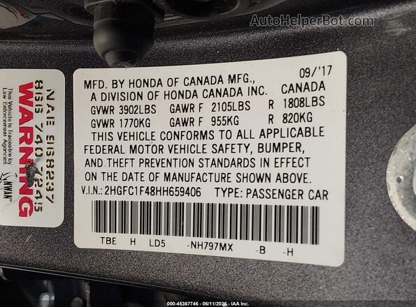 2HGFC1F48HH659406 2017 HONDA CIVIC Gray Vista del compartimento del motor