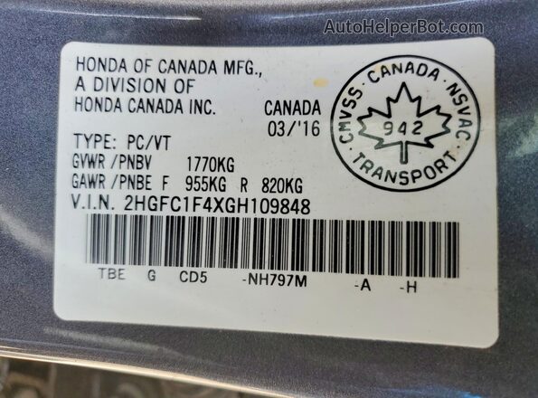 2HGFC1F4XGH109848 2016 HONDA CIVIC Gray 