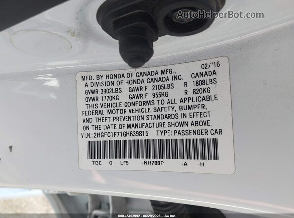 2HGFC1F71GH639815 2016 HONDA CIVIC White Engine compartment view