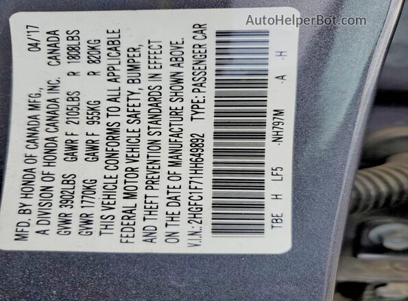2HGFC1F71HH649892 2017 HONDA CIVIC Gray Widok komory silnika
