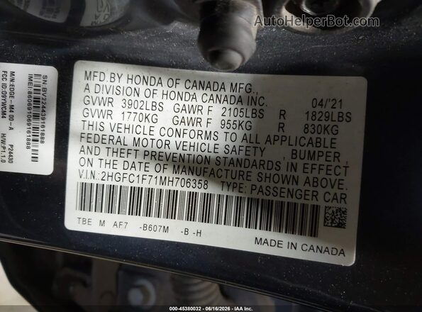 2HGFC1F71MH706358 2021 HONDA CIVIC Gray Вид підкапотного простору