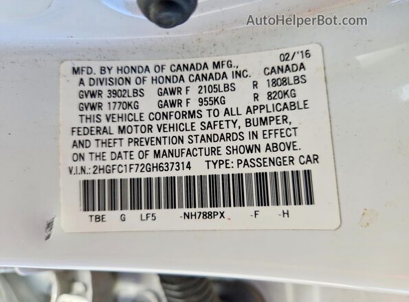 2HGFC1F72GH637314 2016 HONDA CIVIC White VIN sticker view