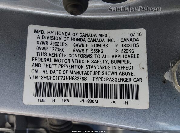 2HGFC1F73HH632768 2017 HONDA CIVIC Silver ძრავის განყოფილების ხედი