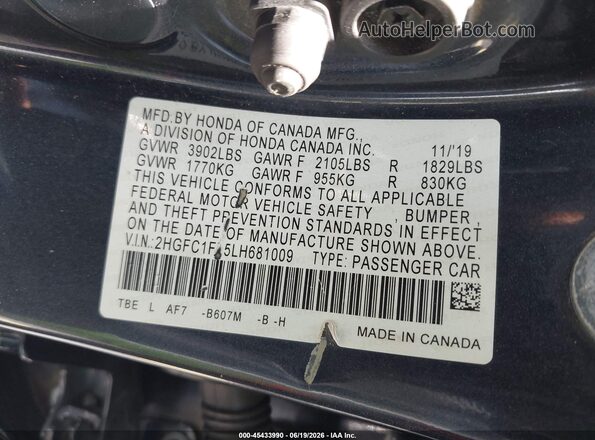2HGFC1F75LH681009 2020 HONDA CIVIC Gray Widok komory silnika