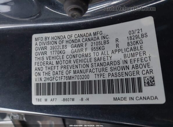 2HGFC1F76MH703200 2021 HONDA CIVIC Gray Շարժիչի բաժամունքի տեսք