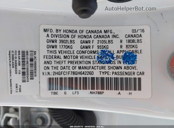 2HGFC1F78GH642260 2016 HONDA CIVIC White Engine compartment view