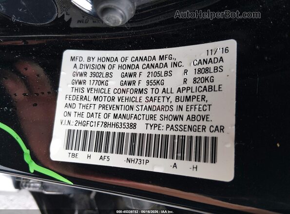 2HGFC1F78HH635388 2017 HONDA CIVIC Black Engine compartment view