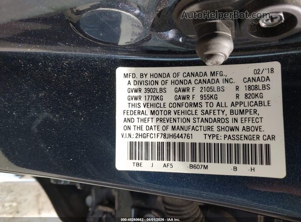 2HGFC1F78JH644761 2018 HONDA CIVIC Gray Widok komory silnika