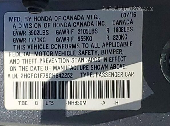 2HGFC1F79GH642252 2016 HONDA CIVIC Gray 