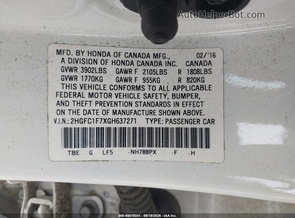 2HGFC1F7XGH637271 2016 HONDA CIVIC White Вид підкапотного простору