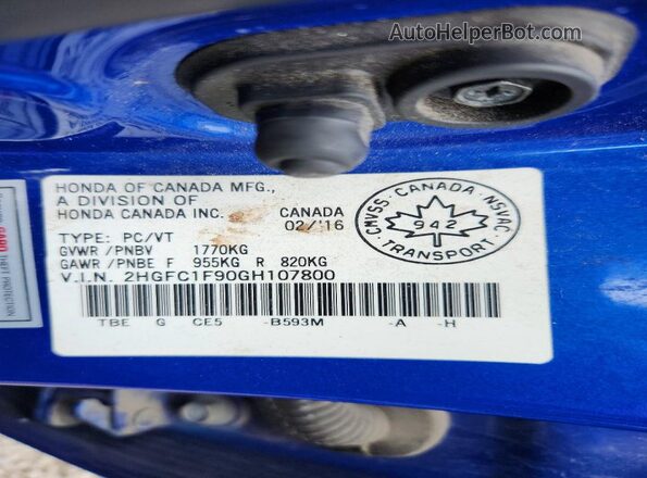 2HGFC1F90GH107800 2016 HONDA CIVIC Blue 