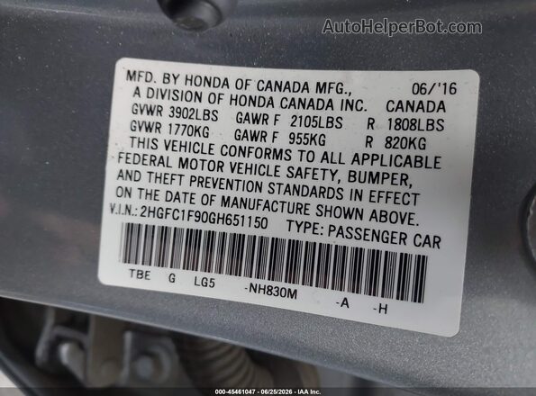2HGFC1F90GH651150 2016 HONDA CIVIC Silver Вид підкапотного простору
