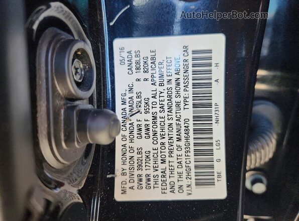 2HGFC1F93GH648470 2016 HONDA CIVIC Black ძრავის განყოფილების ხედი