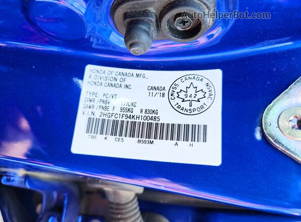 2HGFC1F94KH100485 2019 HONDA CIVIC Blue Vista del compartimento del motor