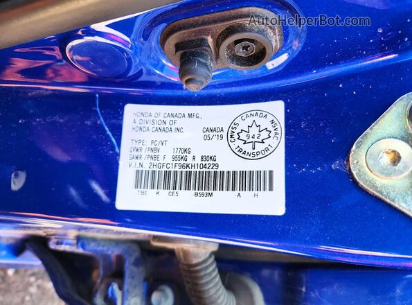 2HGFC1F96KH104229 2019 HONDA CIVIC Blue Vista de la etiqueta del VIN