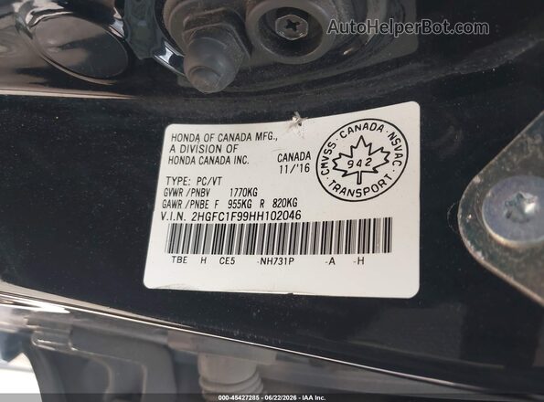 2HGFC1F99HH102046 2017 HONDA CIVIC Black Շարժիչի բաժամունքի տեսք