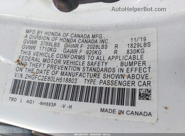 2HGFC2E80LH518803 2020 HONDA CIVIC White Engine compartment view