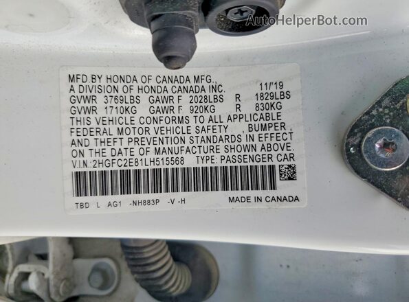 2HGFC2E81LH515568 2020 HONDA CIVIC White Widok komory silnika