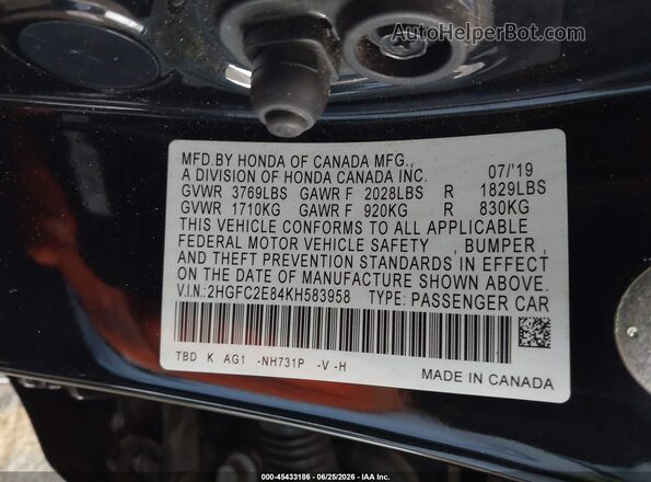 2HGFC2E84KH583958 2019 HONDA CIVIC Black Շարժիչի բաժամունքի տեսք
