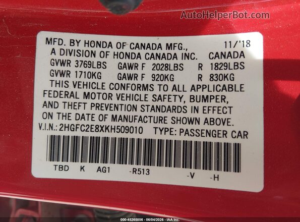 2HGFC2E8XKH509010 2019 HONDA CIVIC Red Vista del compartimento del motor