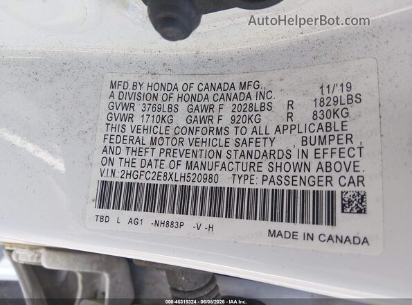 2HGFC2E8XLH520980 2020 HONDA CIVIC White ძრავის განყოფილების ხედი