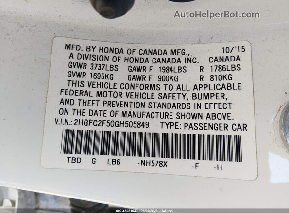 2HGFC2F50GH505849 2016 HONDA CIVIC White Widok komory silnika