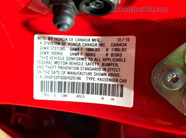 2HGFC2F50GH525146 2016 HONDA CIVIC Red Widok komory silnika